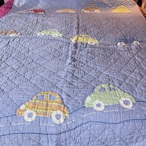 VTG The Company Store Patchwork TWIN Quilt Cars Blue Green Yellow 6ft7"x5ft